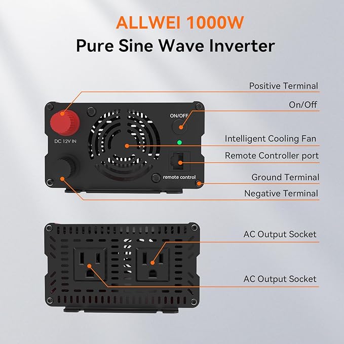 ALLWEI Pure Sine Wave Inverter - 1000 Watt Inverters 12V DC to 110V/120V AC Converter for Home RV Truck Off-Grid Solar Car Power Inverter with 2 Sockets Power Inverters for Vehicles 2000W Peak