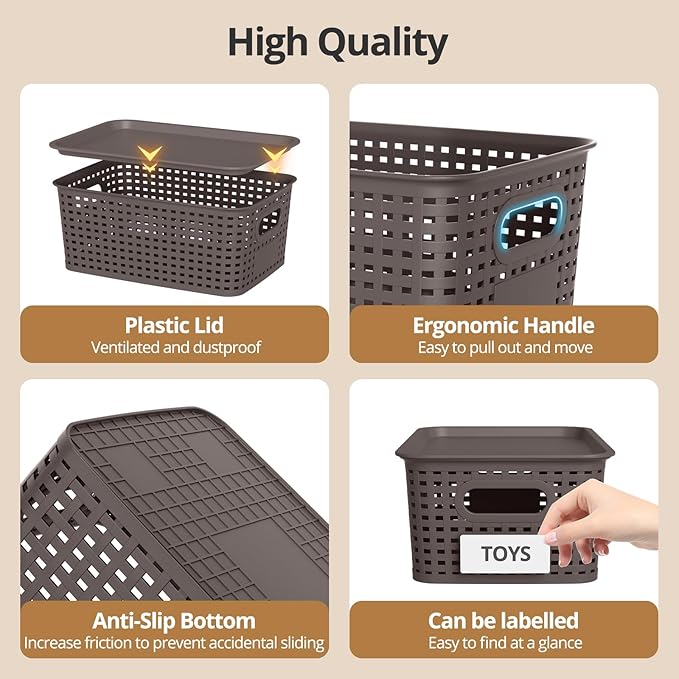 Plastic Storage Basket with Lid Stackable Small Box Bins for Organizing and Containers for Shelves Drawers Desktop Closet Playroom Pantry Classroom Office Home 8 Pack 10.2x7.2x4.1 Inch Brown