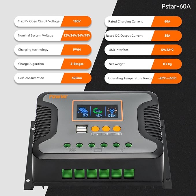 PowMr 60A Solar Charge Controller 12V/24V/36V/48V Auto Regulator with Parameter Adjustable LCD Display and Dual USB for Lithium Battery AGM Gel Sealed and Flooded Battery Charge