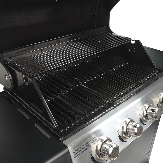 Grill Boss 4 Burner Propane Gas BBQ Portable w/ Lid Wheels &amp Side Shelves Black - Grilling Accessories and Equipment for Camping Tailgating Outdoor Barbecue and Cooking