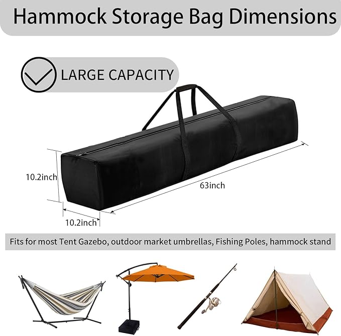 Hammock Storage Bag Heavy Duty Waterproof 63”x10.2”x10.2” Portable Hammock Cover with Zippers Hammock Chair Stand Carrying Bag Black