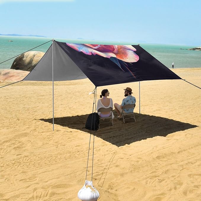 ALAZA Pink Rose Flower Romantic Beach Tent Sun Shelter UPF50+ Protection Beach Shade Canopy w/ 4 Sandbags for Outdoor Camping Fishing Backyard Fun Picnic 10x9 ft