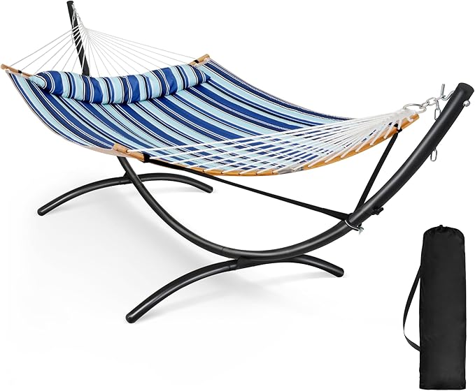 SUNCREAT Portable Outdoor Hammock with Stand Double Hammock with Stand for Outside Patent Pending Blue &amp White