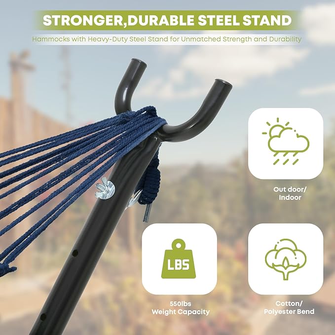 Double Hammock with Space Saving Steel Stand(450 lb Capacity - Premium Carry Bag Included)Portable Hammock with Heavy Duty Steel Stand for BackyardCamping or GardenBlue