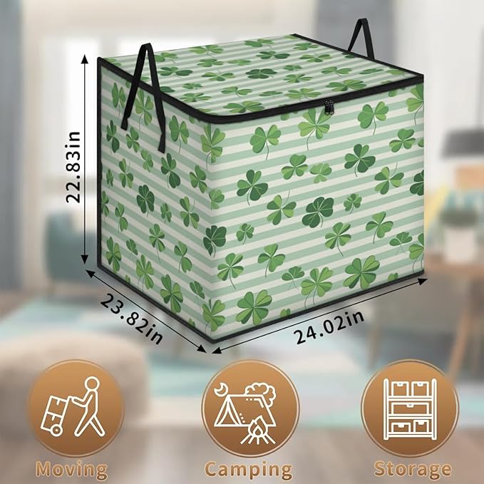 XL Large Clothes Storage with Lid Handle St. Patrick's Day Large Thick Clothes Blanket Storage Containers for Organizing Bedroom Closet Comforter Spring Green Clover Leaves Holiday