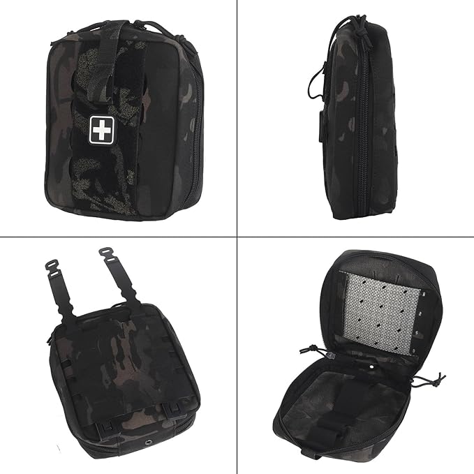 Tactical Camo IFAK Pouch MOLLE Medical Organizer with Elastic Storage Board Front Tool Slots and Rear Shear Pocket Attaches to Vest Belt or Backpack
