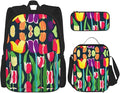 Colorful Tulips Backpack With Lunch Box 3 In 1 Set With Pencil Case Large Capacity Backpack With Chest Strap