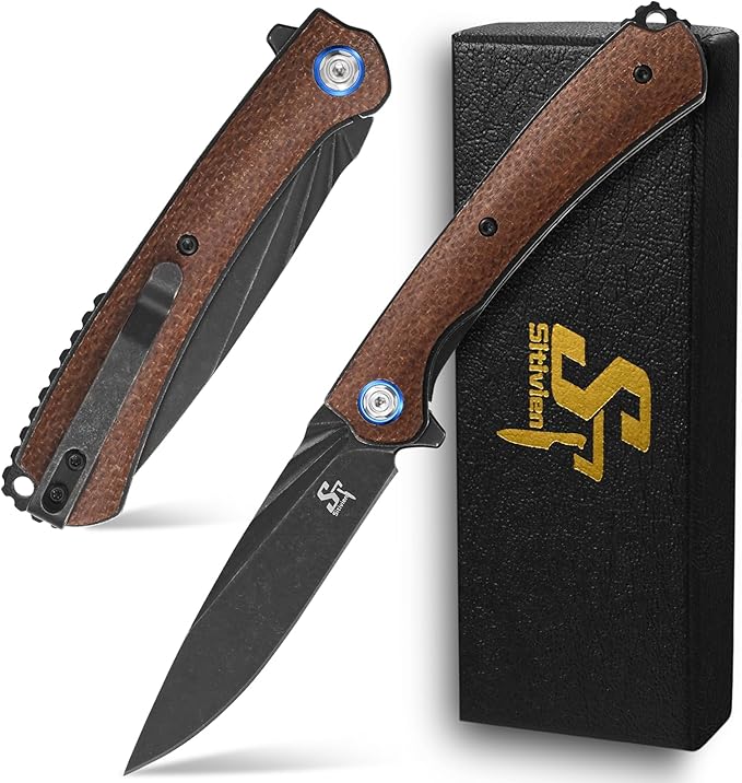 Sitivien ST144 Folding KnifeBlack Stonewashed 14C28N Steel BladeMicarta Handle Pocket Knife for Outdoor EDC CampingSurvivalHikingFishing(Brown)