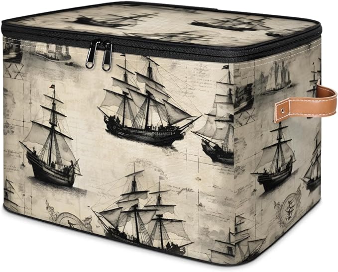 Storage Bins with Lids Retro Ship Storage Basket Clothes Organizer with Handles Closet Storage Containers for Clothing Bedding Blanket