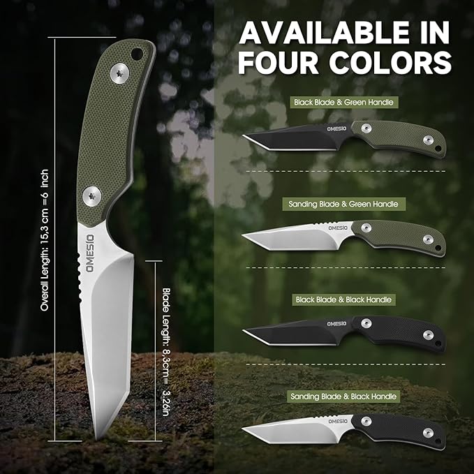 Omesio Tanto Neck Knife Small Fixed Blade with Kydex Sheath and Clip Full Tang 6 Neck Knife with Sheath and Necklace Mini Tactical EDC Knife D2 Steel G10 Handle (Black + Green)