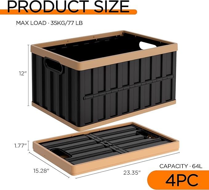 Citylife 4-Pack Collapsible Storage Bins 64L Stackable Plastic Storage Containers for Organizing Closets and GarageBlack
