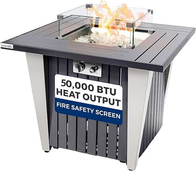 SereneLife Propane Fire Pit Table with Sturdy Metal Gas Pits with 50000 BTU and Stainless Steel Fire Pan Includes Decorative Glass Rocks Weather Cover CSA Certified for Outdoor Fireplaces