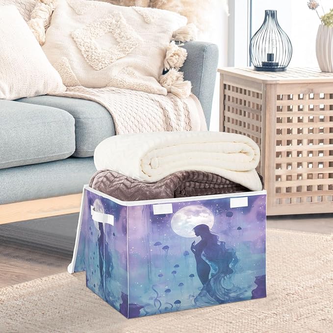 MNSRUU Containers Baskets with Lids Jellyfish Mermaid Moon Fabric Foldable Storage Bins Organizer with Lid Collapsible Storage Boxes for Home Bedroom Closet Office