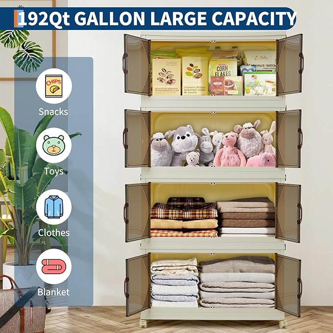 Garvee 192QT Stackable Storage Bins Plastic Bins for Storage with Lids Plastic Storages Drawers with Magnetic Doors &amp Wheels Foldable Collapsible Closet Organizers for Home Dorm Office White