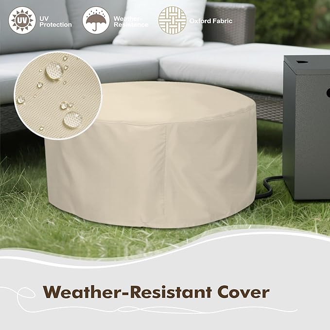 30 Round Propane Fire Pit Table - 50K BTU with Lid Rocks Tank Storage and Cover - Round Gas Fire Pits for Outside Patio - Outdoor Table with Firepit (Grey/Golden Light 30 Round)