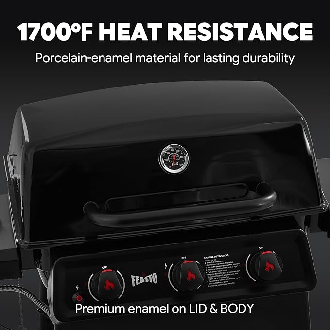 Feasto 3 Burner Propane Gas Grill with Side Burner Porcelain-Enamel Main Body and Lid Propane BBQ Grill with 38000 BTUs Output &amp Side Table for Patio Backyard Poolside Gatherings