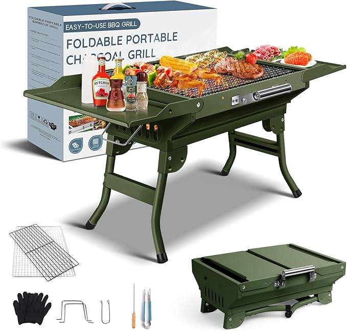 Portable Charcoal Grill Foldable Grills BBQ Grill Charcoal Small Grill for Travel Camping Outdoor Cooking Backyard Hiking Patio Garden Picnics Green