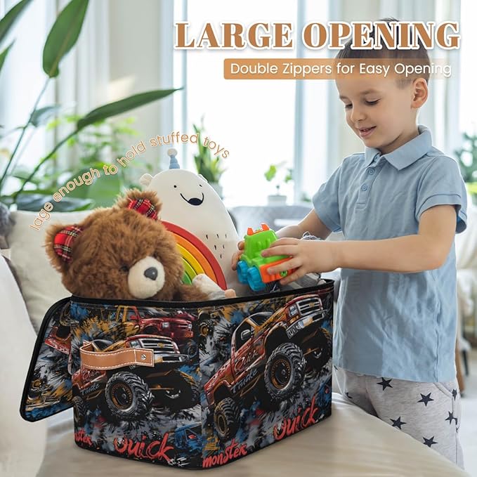 Storage Bin with Lid Stackable Closet Storage Bins Cool Trucks Decorative Bedroom Organizer Box Lidded Baskets Living Room Storages Boxes Cube Organizer Cute Container with Handles