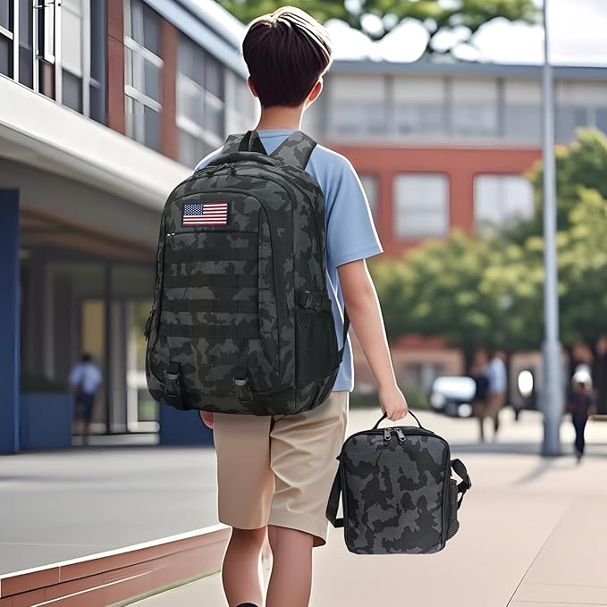 Camo Backpack for Boys 3 in 1 Set 19 Inch 55L Tactical Bookbag with Lunch Box Pencil Case Molle School Backpack for Kids Teens Daily School Commute Outdoor Camping for Elementary Middle High School