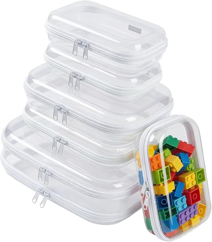 6 Pack Clear Hard Shell Zipper Case Set (2 Large/2 Medium/2 Small)Clear Hard Plastic Zipper Pouches Transparent Stackable Storage Case for Crafts Toys Cosmetics Toiletry Bag for Travel