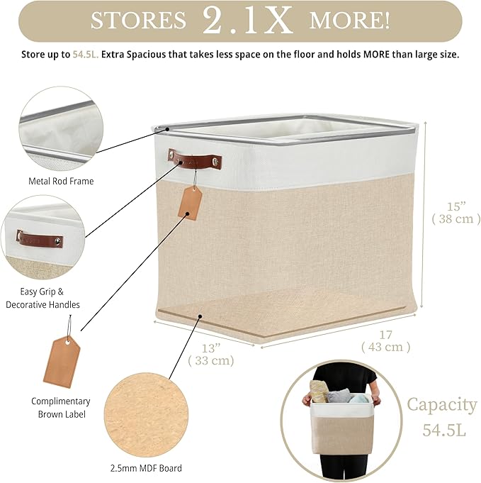 DECOMOMO Extra Large Storage Baskets 54.5L Fabric Storage Bins for Organizing Linen Closet Nursery (Khaki &amp White XXXL - 3 pack)