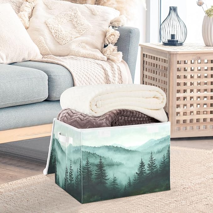 Green Mountains and Pine Trees Collapsible Storage Bins with Lids Decorative Fabric Cubes Closet Organizer Basket Boxes Containers for Clothes Box Chest Nurs