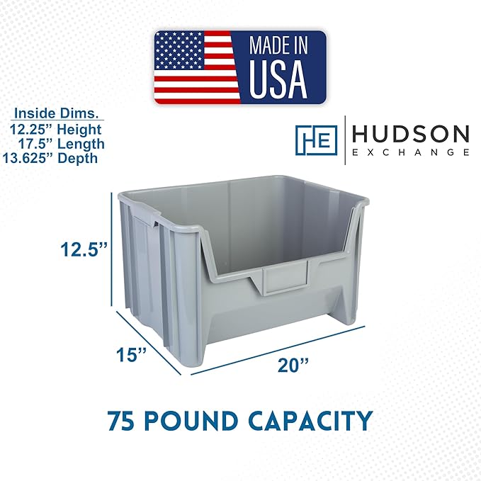 Hudson Exchange 20 x 15 x 12.5 (1 Pack) Plastic Giant Stackable Hopper Bin Container Gray