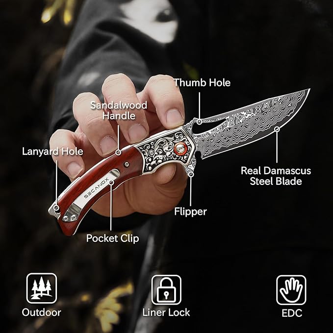 Damascus Pocket Knife for Men Wooden Handle and Sharp Damascus Steel Blade Folding Knives for EDC Camping Hiking Outdoor Collection