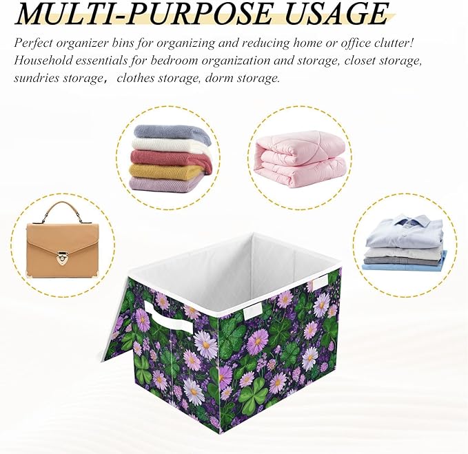St. Patrick's Day Green Clovers Purple Storage Box with Lid 1 PC Foldable Storage Bin with Lids Stackable Storage Bins Cube Closet Organizer Basket with Flip-Top Lid &amp Handles for Shoes Book
