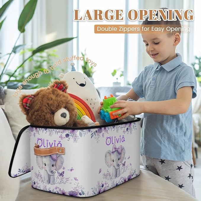 Custom Elephant Storage Bins with Lid Foldable Personalized Storage Basket Boxes with Handle Purple Flowers Shelf Basket Closet Organizer Cube