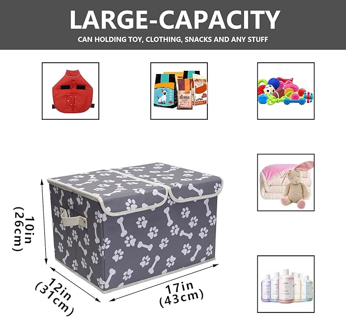 Pet Toy Storage Box with Lid Basket Organizer - Perfect Collapsible Bin for Living room Playroom Closet Home Organization - Bone Paw