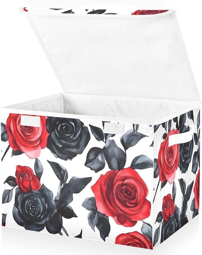 AIXIWAWA Lidded Storage Cube (Rose Red Black) Fabric Foldable Closet Bins with Flip Lid and Handles Organizer Basket Container 16.5 x 12.6 x 11.8 IN