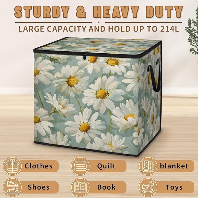 XL Large Clothes Storage with Lid Handle Cute Floral Large Thick Clothes Blanket Storage Containers for Organizing Bedroom Closet Comforter Organization Storage White Daisy Flower