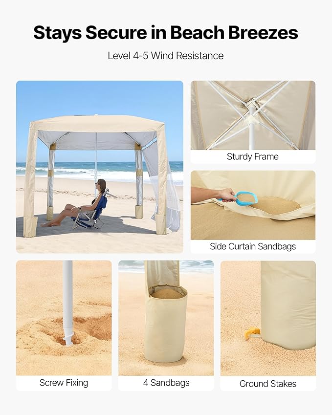 VEVOR Beach Cabana 8 x 8 ft Beach Canopy with Side Wall UPF 50+ Protection Easy Setup Cabana Tent with Sand Pockets Adjustable Height Portable Shade Sun Shelter Umbrella for Family &amp Friends K