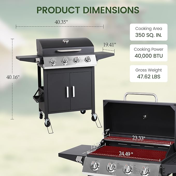 HUGROVE 4-Burner Propane Gas BBQ Grill Upgraded 40000 BTU Stainless Steel Barbecue Grill with Foldable Side Tables Spice Rack &amp Wheels for Outdoor Cooking