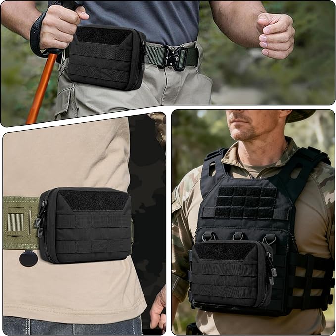 FOCUHUNTER Tactical Molle Pouch Zippered Horizontal Modular Pouches 1000D Oxford Fabric Tactical Waist Pack Utility EDC Tool Organizer with Map Sleeve Vertical Strap &amp Metal Snap 8 L x 3 W x