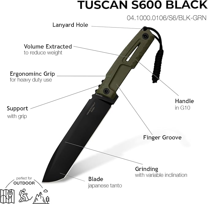 Extrema Ratio - TUSCAN S600 (BLACK) Fixed Blade Knife high-speed tool steel S600 hardened to 64 HRC burnished blade finish ergonomic Forprene handle full tang handcrafted in Italy