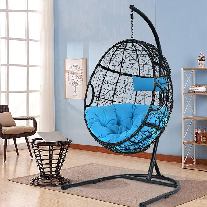 Giantex Hanging Egg Chair 36.5-Width Oversized Swing Chair with C-Hammock Stand Set Hammock Chair with Soft Seat Cushion &amp Pillow Multifunctional Hanging Chairs for Outdoor Indoor Bedroom (Blue