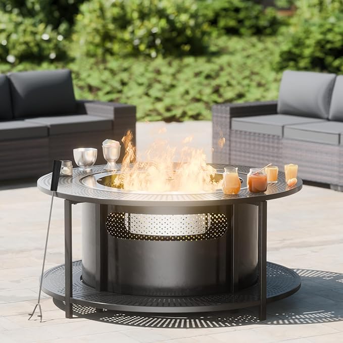 Kullavik 37 Inch Surround Tabletop with 25 Inch Outdoor Smokeless Fire PitStainless Steel Firepit with Weather Resistant CoverWood Burning Fire Pit for Outside