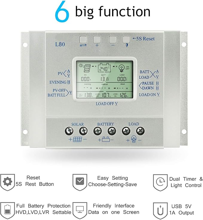 80A Solar Charge Controller 80 amp Solar Panel Regulator with Load Timer 12V 24V Auto with LCD Display USB 5V 1500mA and Usd for Control Landscape Lights and Water Features