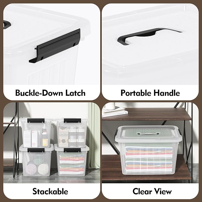 4 Pack Plastic Storage Boxes Lidded Storage Bins with Handle 20L Clear