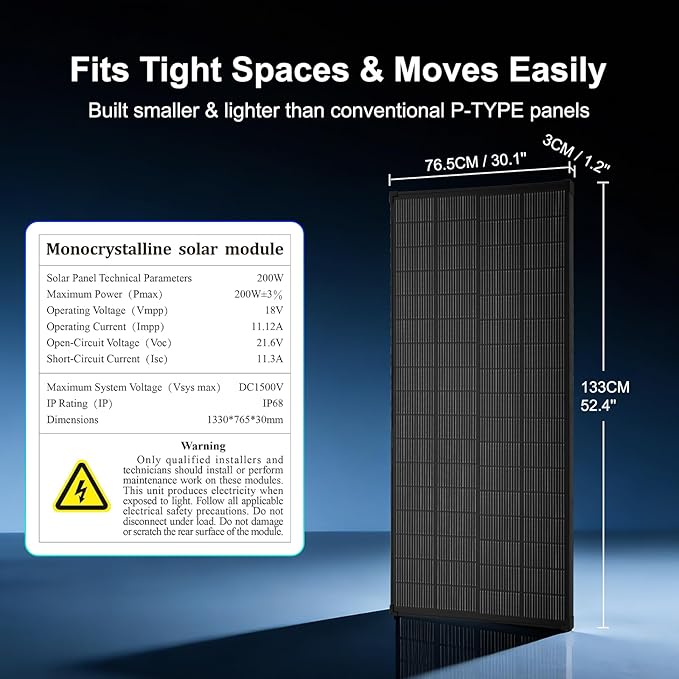 Solar Panels N-Type 16BB 200W Solar Panel 200 Watt Solar Panel 18V A+ Monocrystalline Cell 25% High Efficiency for RV Van Marine Home Rooftop Off-Grid Systems (52.4 x 30.1 Single Black)
