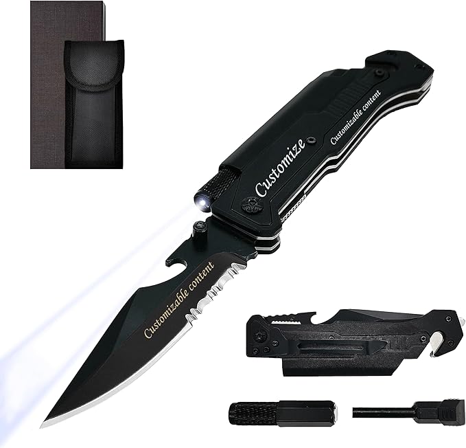 Mothers Day Fathers Day Gift - Personalized Custom Engraving Gifts for Him Her 6-in-1 Multifunctional Folding Pocket Knives with LED Light Seatbelt Cutter Glass Breaker Magnesium Fire Starter Bot