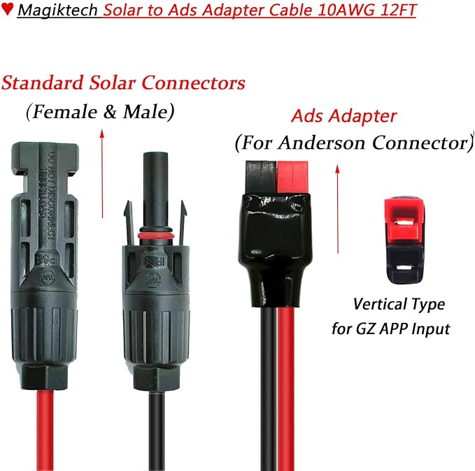 Solar Panel Kits Charge Cable Compatible with Anderson Adapter and Solar Connectors for Portable Power Stations Solar Generators (10AWG 12FT Vertical)