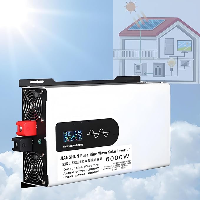 6000W Solar Hybrid Inverter 12V/24V/48V/60V/72V/96V DC to 110V/220V Pure Sine Wave Power Inverter With 2 AC Outlets LCD Display For Lead Acid/Lithium Batteries for Off-Gird/Home/Shed96V-220V