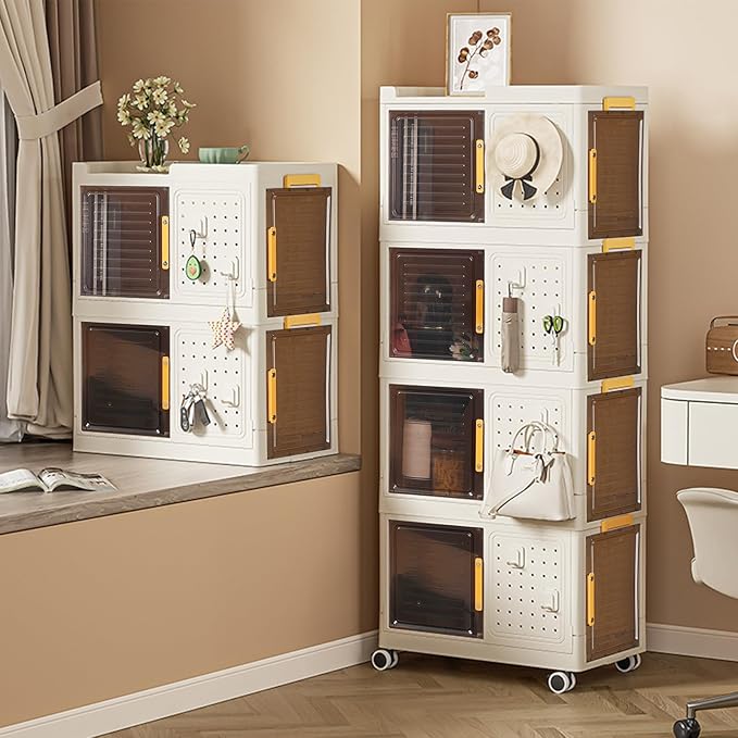 Foldable Storage Bins 4-Layer Stackable Storage Box with Lids Collapsible Storages Cabinet on Wheels Large Plastic Organizer Containers Transparent Closet Case Portable Solution White