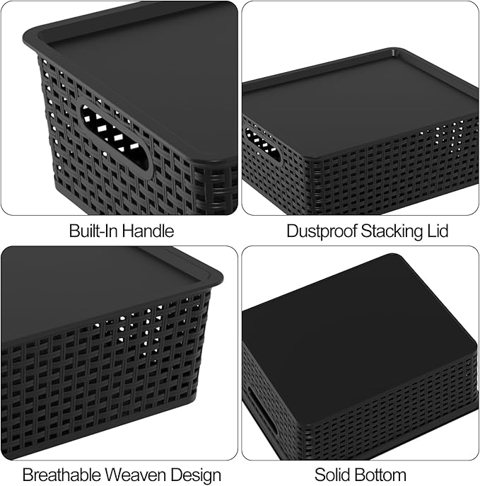 6 Pack Plastic Storage Bins with Lids Stackable Plastic Storage Baskets with Lids Black