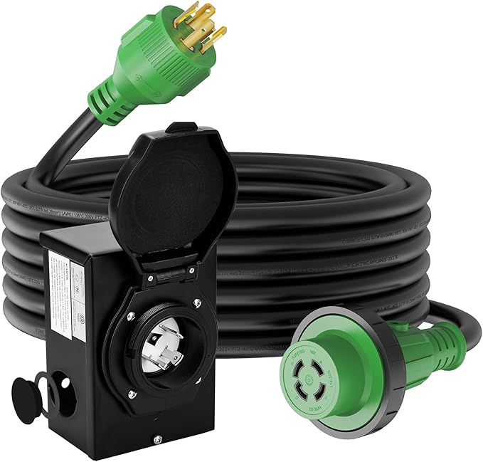 RVGUARD Emergency Power Combo Kit 4 Prong 30 Amp 50 Foot Generator Extension Cord and Power Inlet Box with Locking Connector NEMA L14-30P/L14-30R 125/250V Up to 7500W ETL Listed