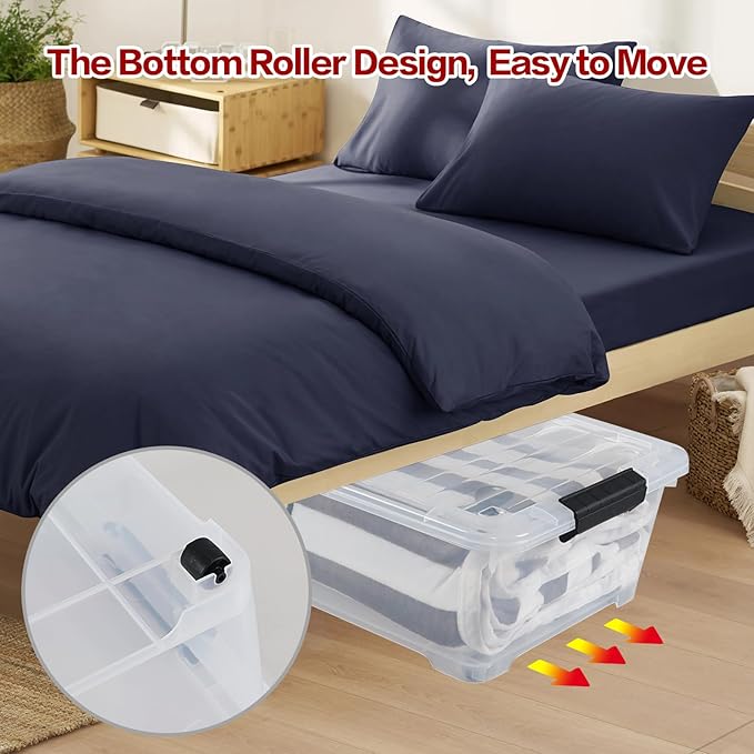 Hespama 3 Pack Plastic Storage Boxes with Lids 20 Quart Rolling Plastic Bins for Under the Bed