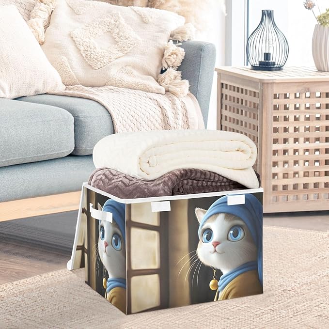 AIXIWAWA Lidded Storage Cube (Cat Lady Portrait) Fabric Foldable Closet Bins with Flip Lid and Handles Organizer Basket Container 16.5 x 12.6 x 11.8 IN